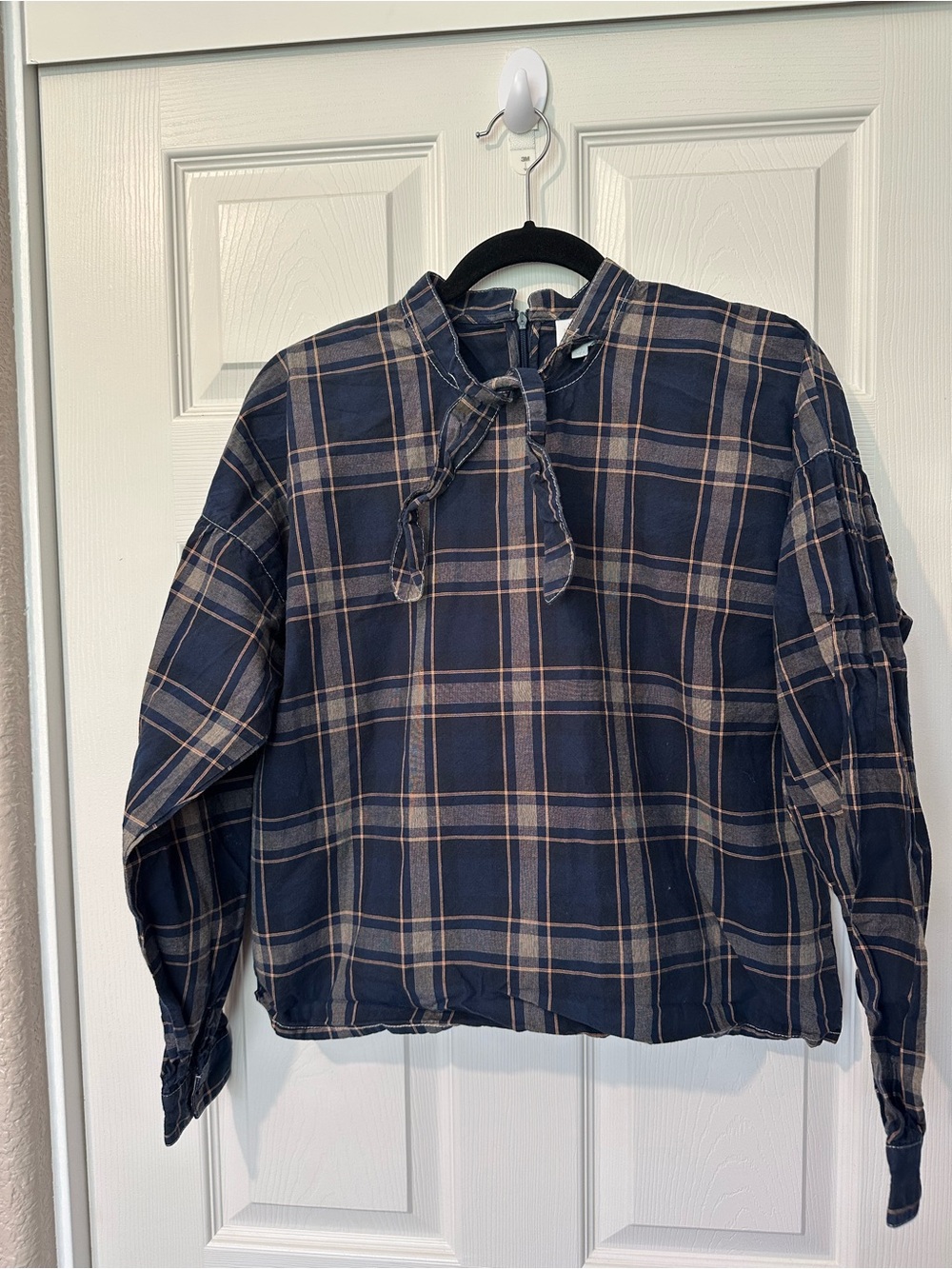 Women's Navy Plaid Tie-Neck Blouse